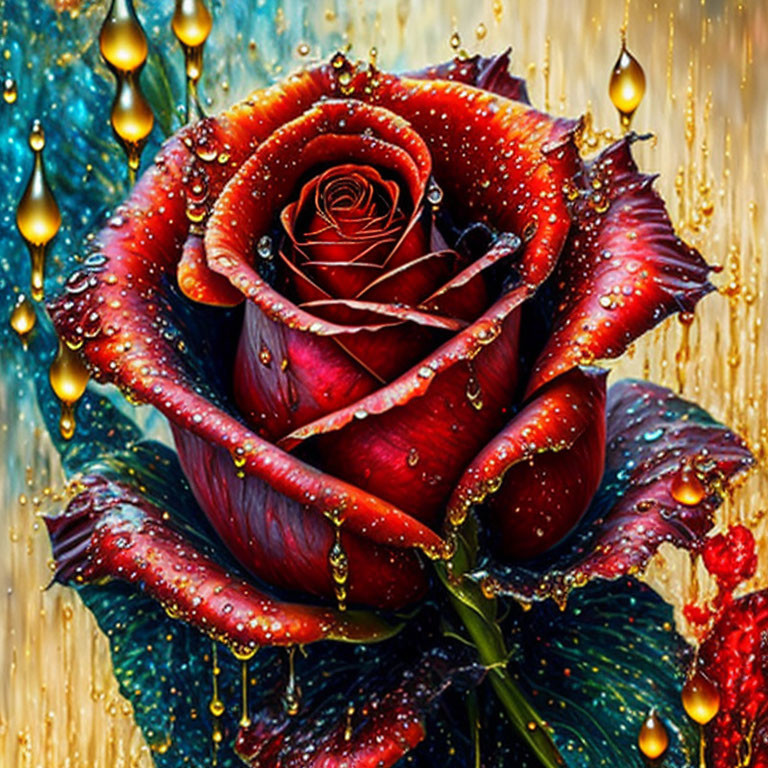 Vibrant red rose with water droplets on colorful background