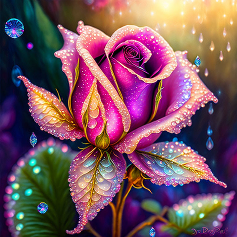 Digitally illustrated pink rose with dewdrops on petals in mystical purple-toned backdrop