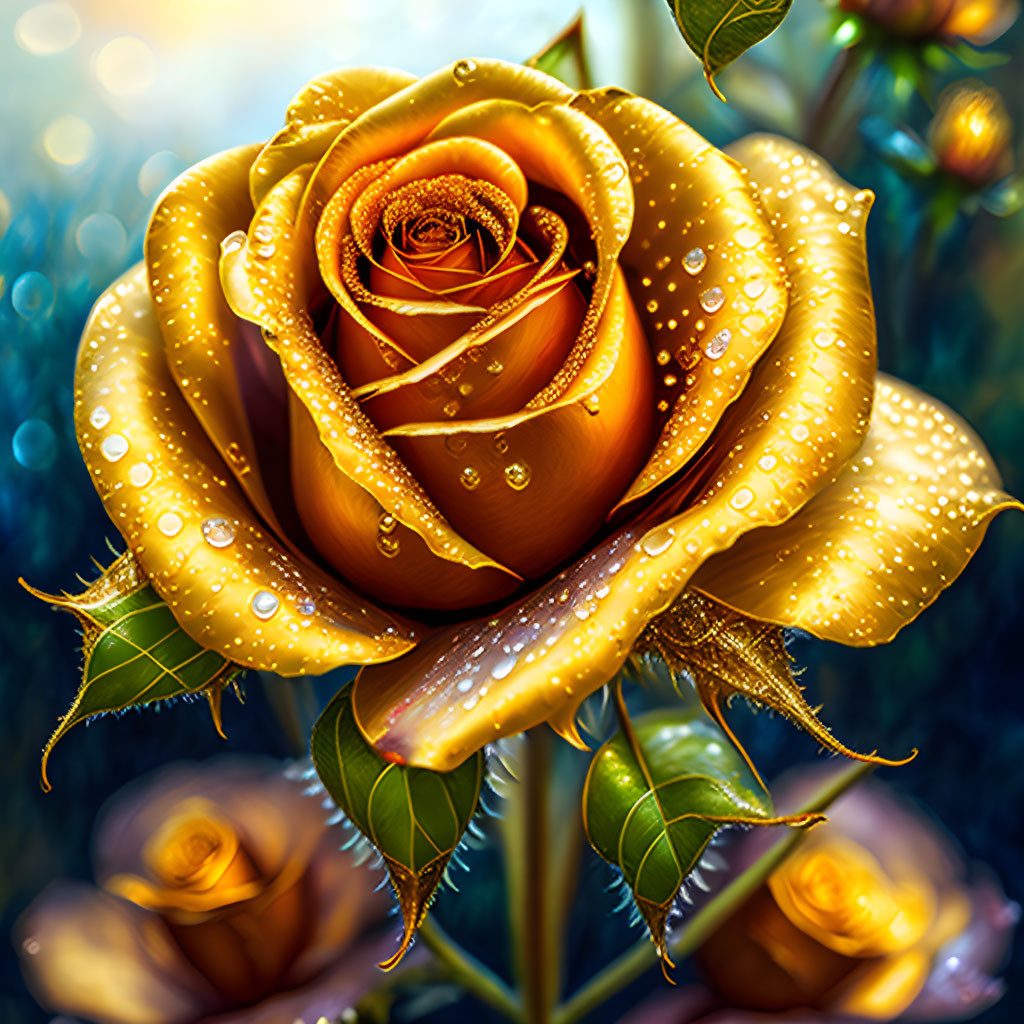 Golden Rose in Full Bloom with Dew and Soft Glowing Light