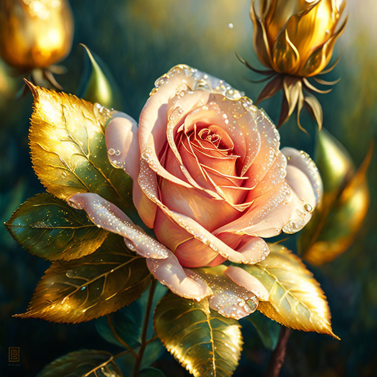 Detailed Illustration: Dew-Kissed Rose with Pink Petals and Golden Leaves