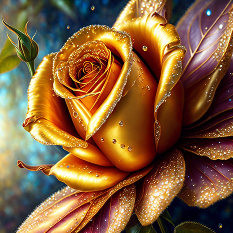 Golden Rose Digital Artwork with Dew Drops and Purple Leaves on Blue Background