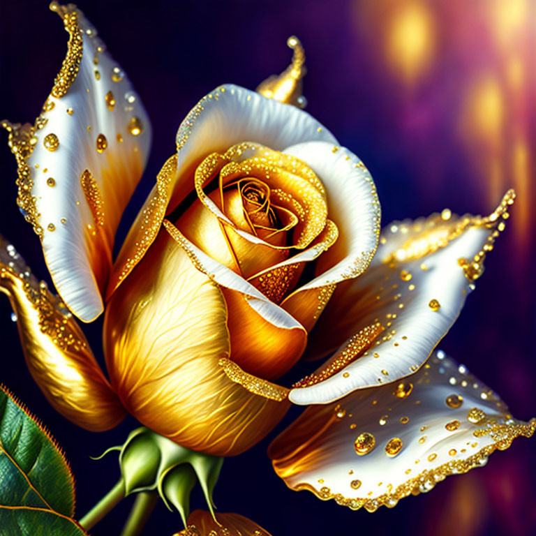 Yellow-White Rose with Gold Accents and Dewdrops on Dark Background