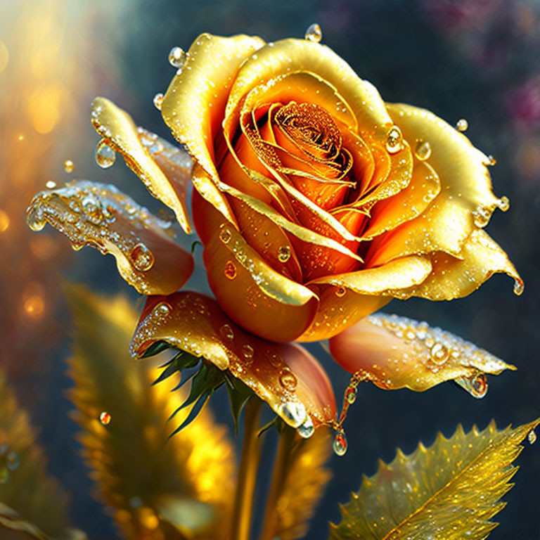 Golden yellow rose with water droplets in soft-focus greenery