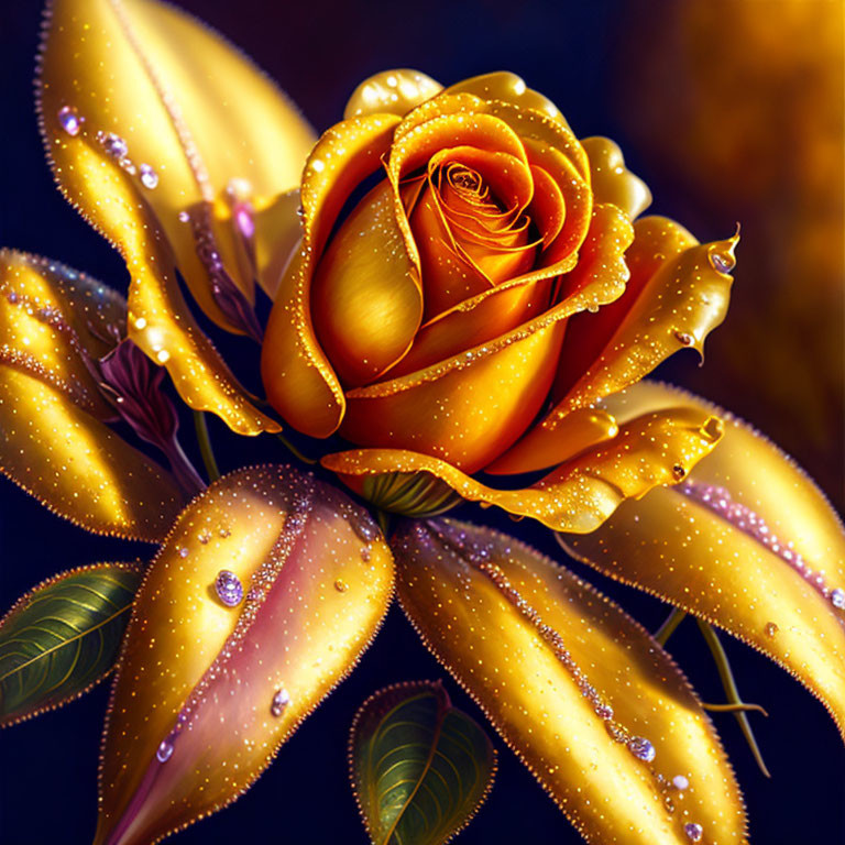 Vibrant yellow rose with water droplets on petals and dark background