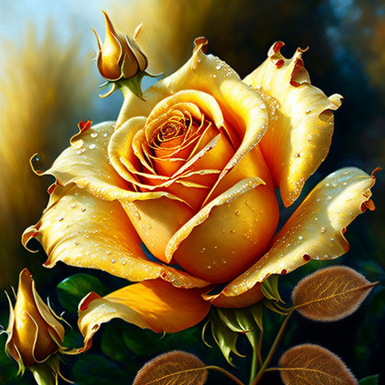 Vibrant Yellow Rose with Water Droplets in Sunlight