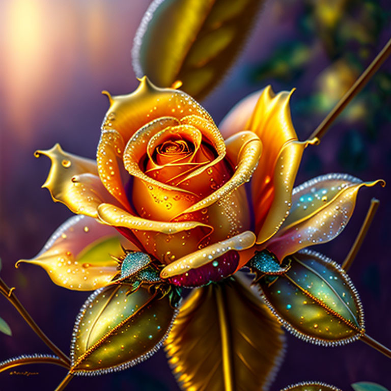 Detailed digital artwork of dew-kissed gold rose on soft-focus background