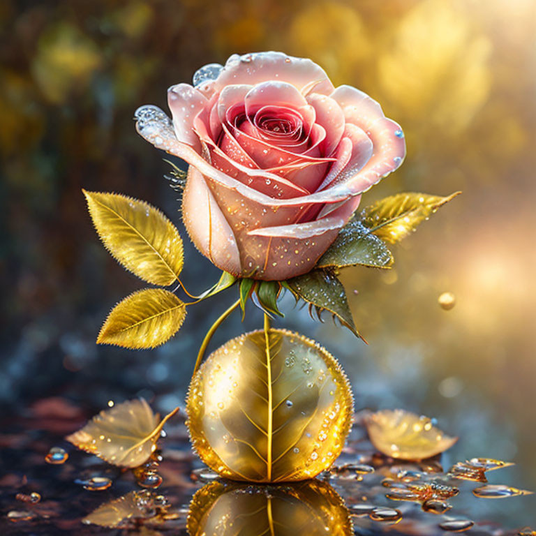 Pink Rose with Dew Drops and Golden Leaves in Warm Light