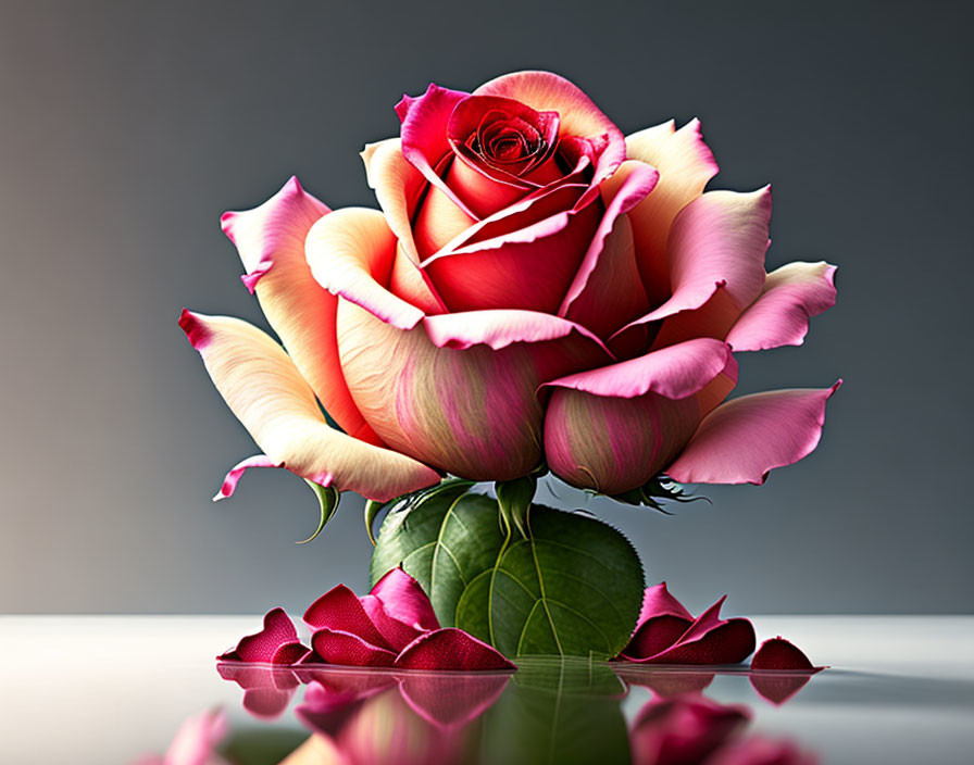 Bicolor pink and white rose on shiny surface against grey backdrop