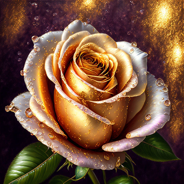 Digitally illustrated golden rose with water droplets on purple background