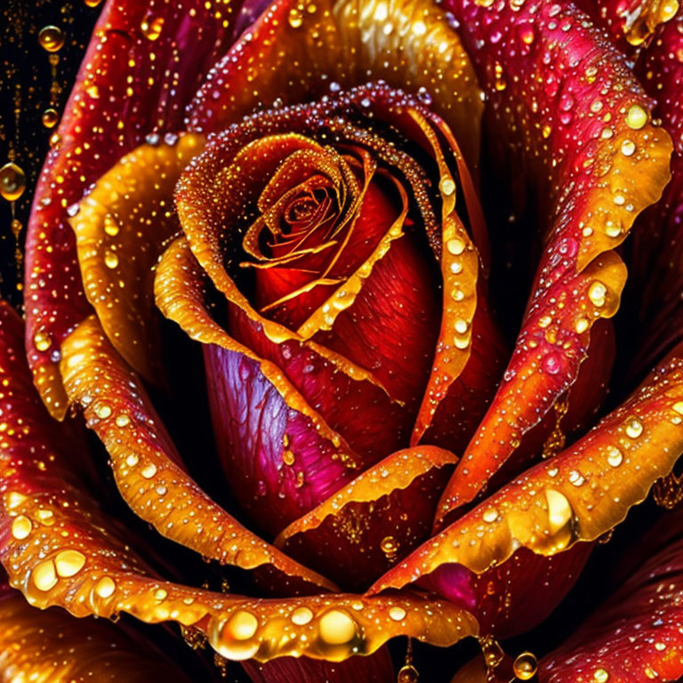 Vibrant Red and Orange Rose with Dewdrops Close-Up