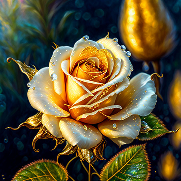 Golden Rose with Dewdrops and Pear-Shaped Object on Blurred Greenery Background