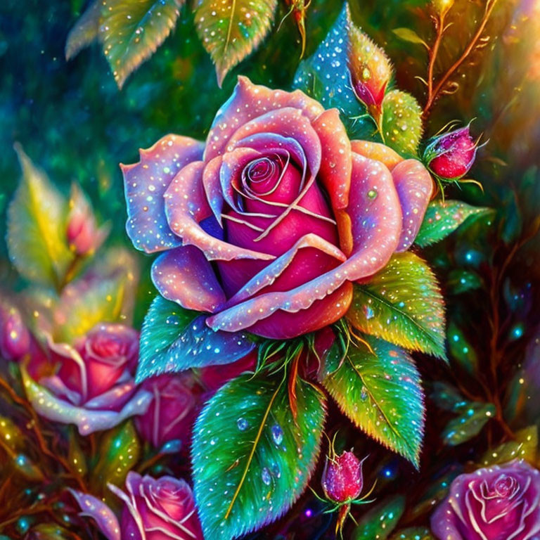 Digital Artwork: Dew-kissed Pink Rose in Magical Light