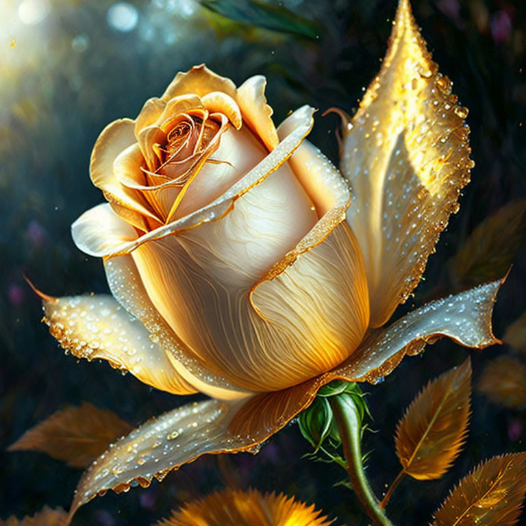 Golden Yellow Rose with Water Droplets Sparkling on Petals and Leaves