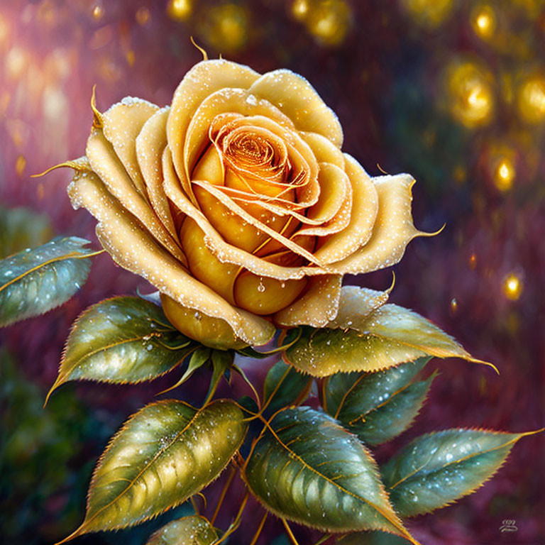 Golden Rose in Full Bloom with Dew on Bokeh Background