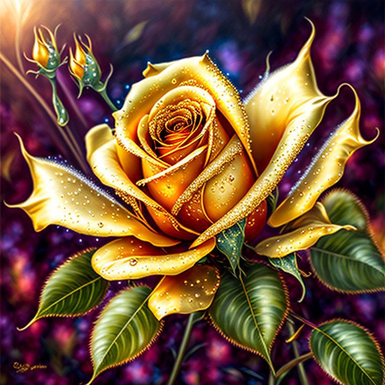 Vibrant golden-yellow rose with dewdrops on dark background