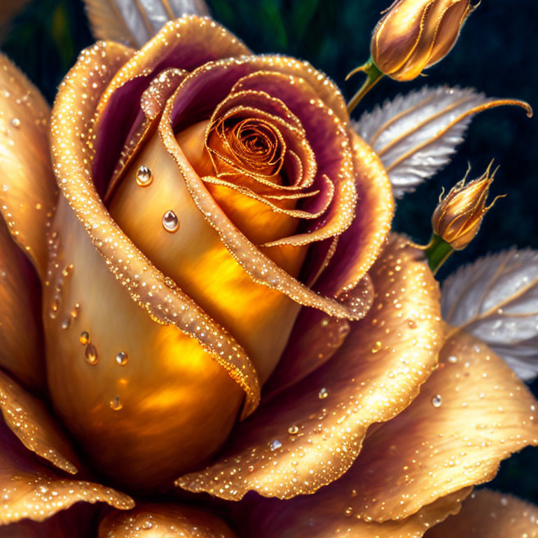 Close-up of Golden Rose with Water Droplets and Dark Green Foliage