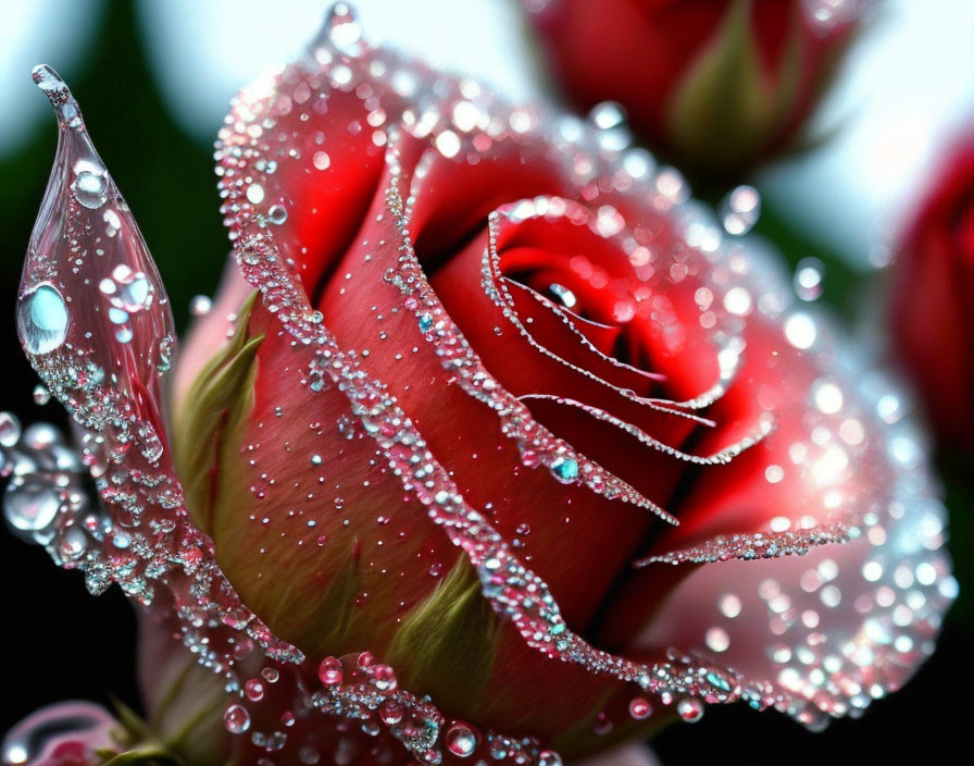 Vibrant red rose with glistening water droplets on petals