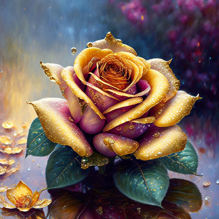 Multicolored rose with water droplets and gold accents on blurred floral background