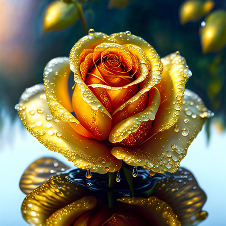 Orange Rose with Water Droplets Reflected on Green Background