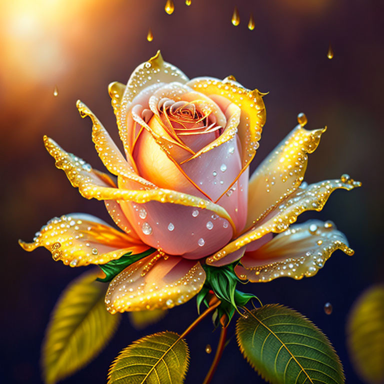 Peach-Colored Rose with Water Droplets and Light Sparkles