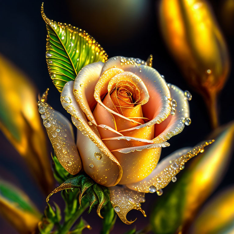 Detailed Golden Rose with Dewdrops and Leaves on Dark Background