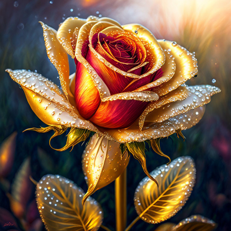 Golden rose with red highlights and dewdrops on petals, surrounded by golden leaves on soft background