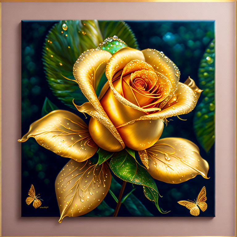 Golden rose painting with dew drops, green leaves, and butterflies on brown frame