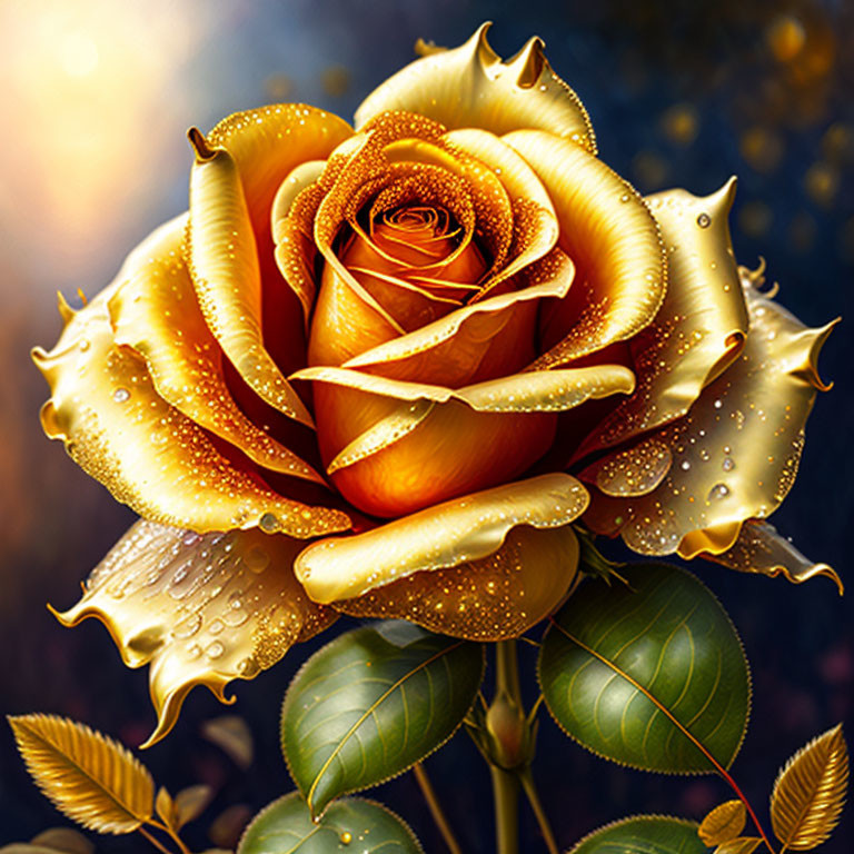 Radiant golden rose digital art with dewdrops on dark bokeh background