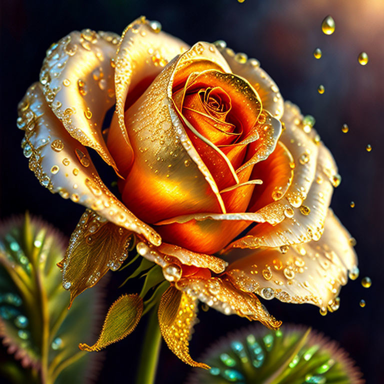 Vibrant Orange-Yellow Rose with Water Droplets on Dark Background