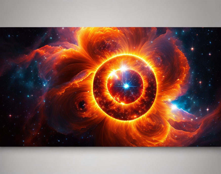 Colorful cosmic scene: orange nebula, swirling stars, celestial bodies