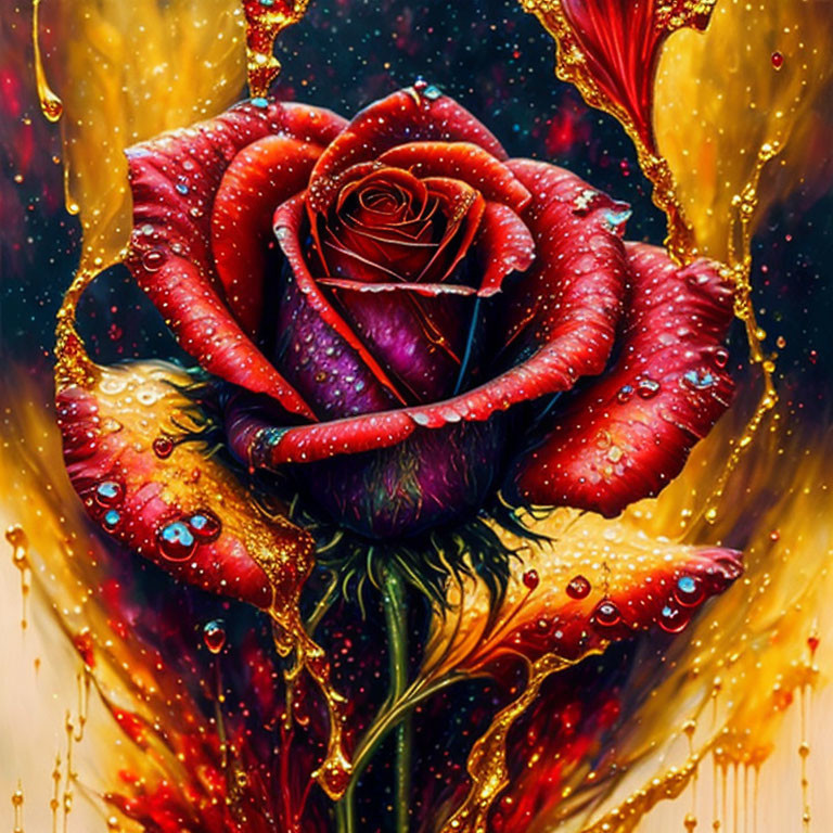 Colorful Rose with Dewdrops in Mystical Cosmic Setting