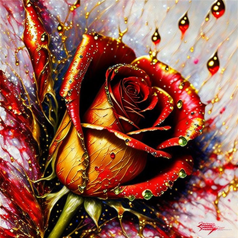 Colorful Digital Artwork: Red and Gold Rose with Pearls and Glitter