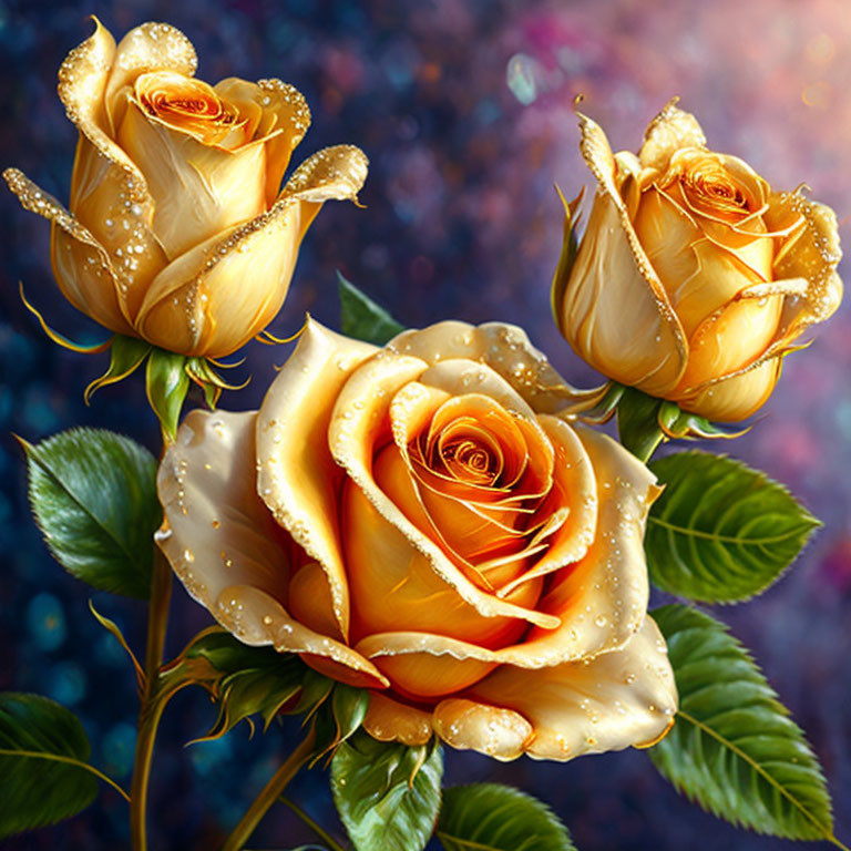 Vibrant golden yellow roses with dew drops on colorful bokeh backdrop