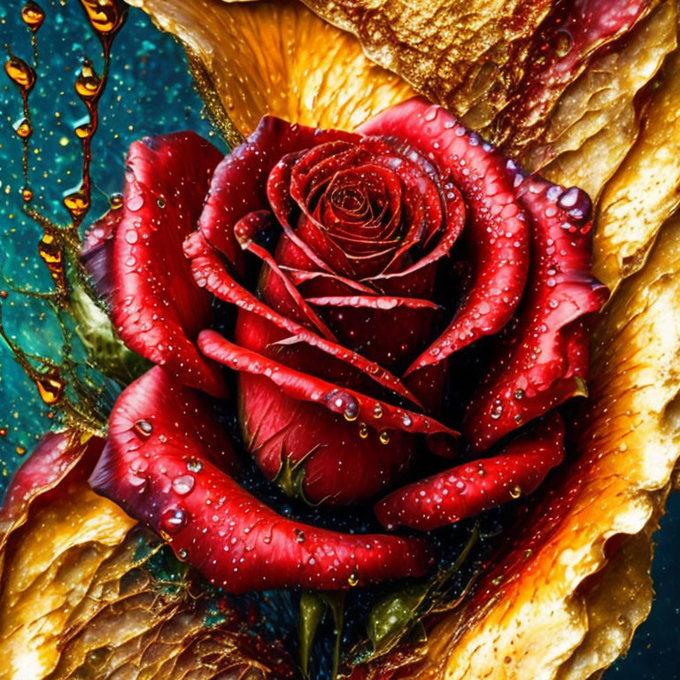 Red rose with water droplets on golden petals against dark blue background