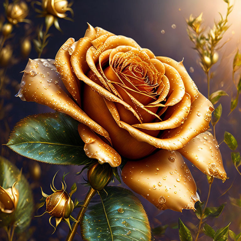 Golden Rose with Dewdrops on Dark Background