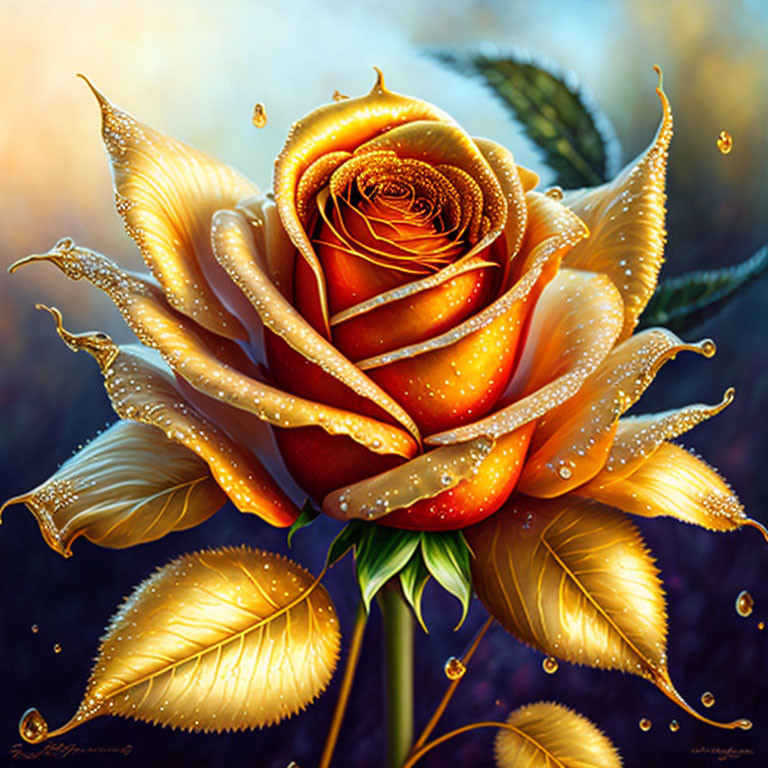 Close-Up Golden Rose Digital Artwork with Dew Drops on Petals