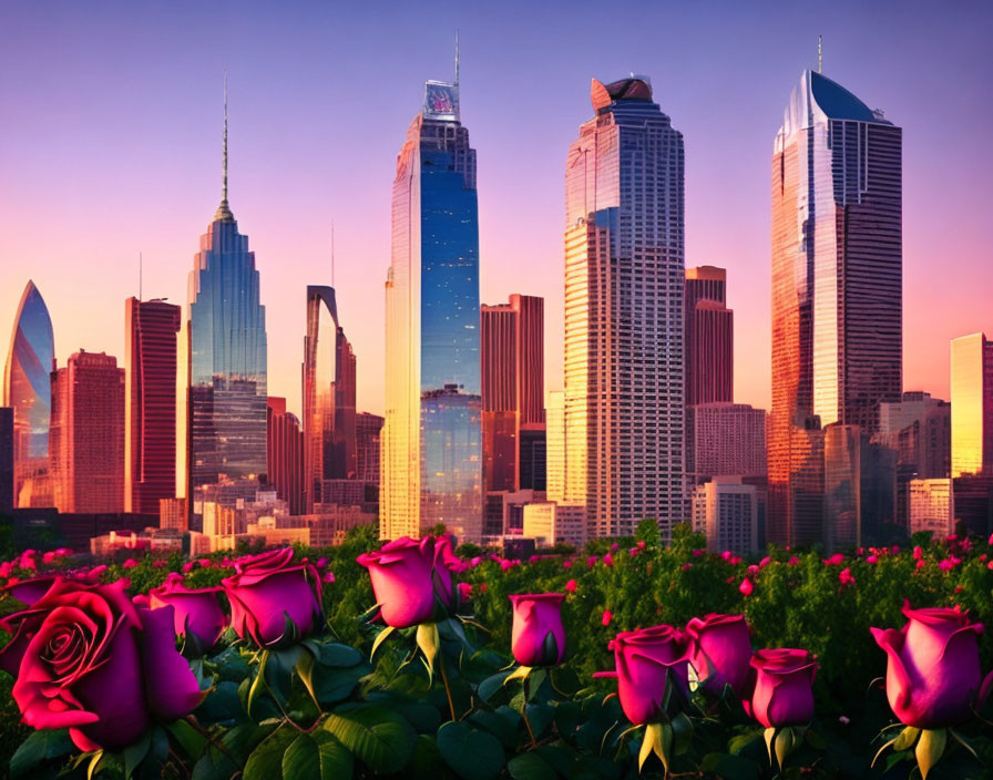 City skyline at sunset with pink and purple hues and blooming red roses.