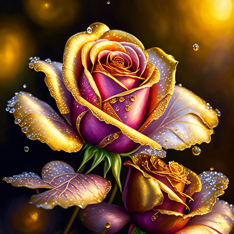 Vibrant yellow and purple rose with dewdrops on dark bokeh background