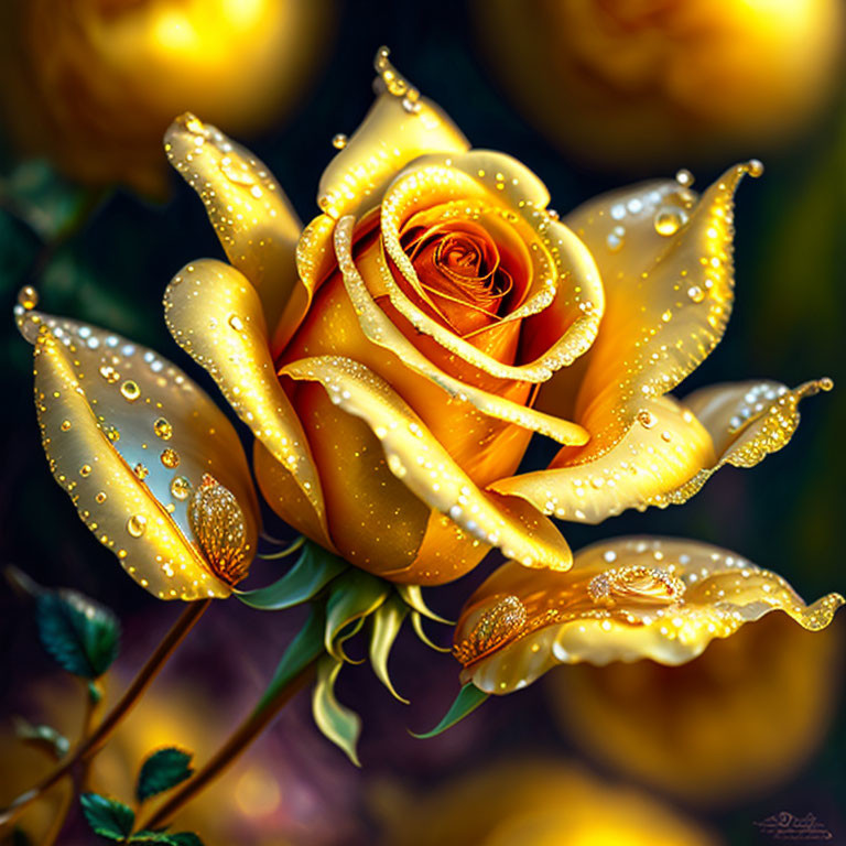 Vibrant yellow rose with water droplets on petals in soft-focus greenery