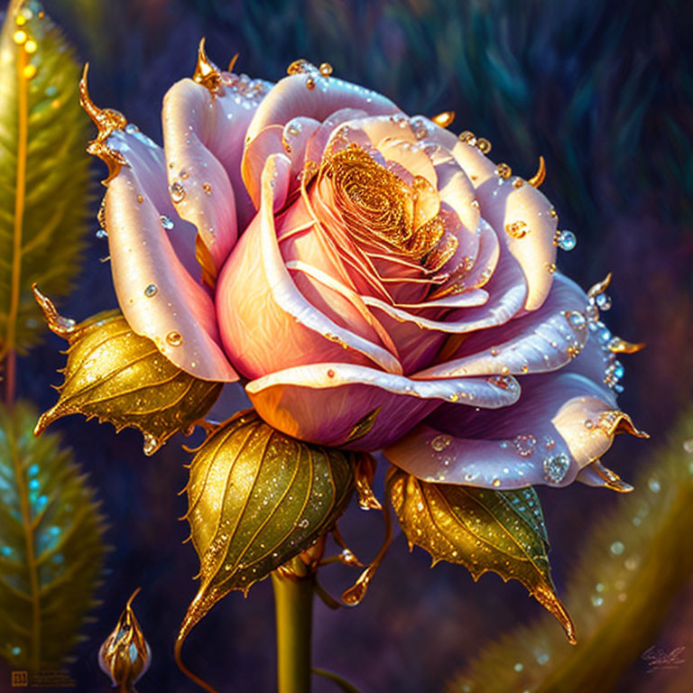 Detailed close-up of pastel rose with dewdrops on dark background