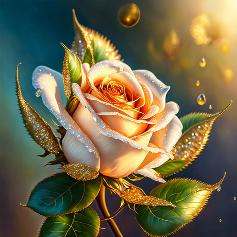 Peach-Colored Rose with Dew Drops and Golden Highlights