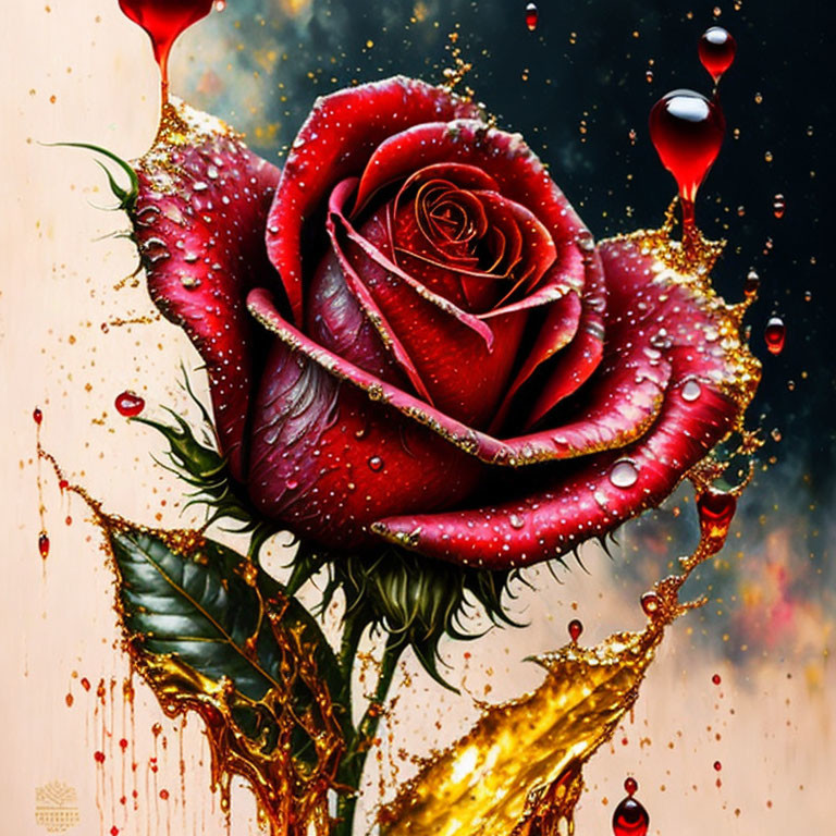 Vibrant red rose with dew drops and gold splatters - dynamic and luxurious feel