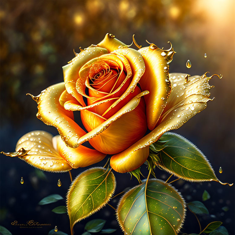 Digitally enhanced golden rose with water droplets in warm light.