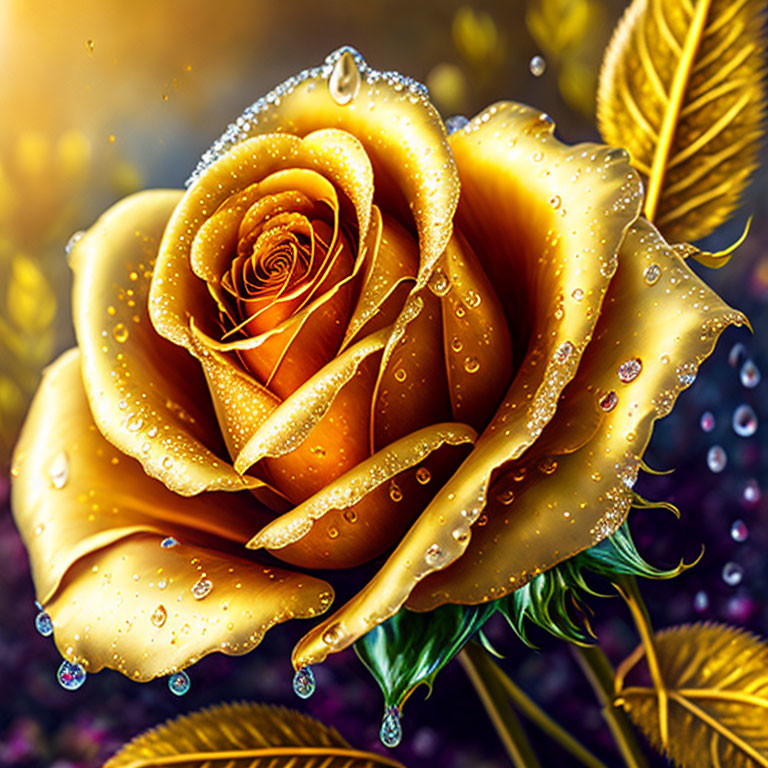 Vivid Golden Rose with Water Droplets on Purple and Green Foliage