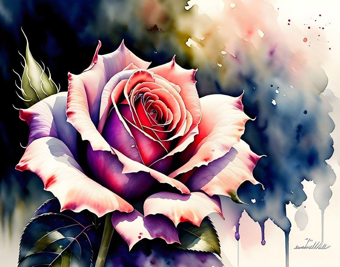 Colorful watercolor painting of a pink and purple rose with dynamic splashes