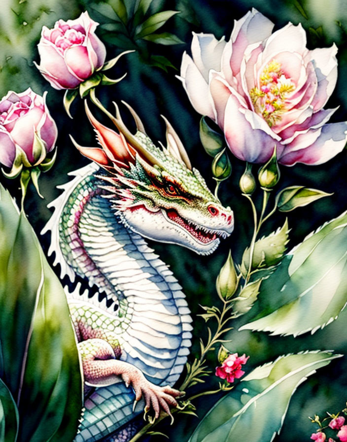 Colorful Dragon Among Pink and White Blossoms in Lush Greenery