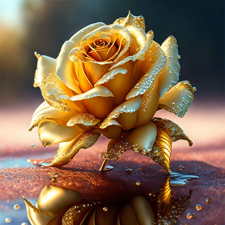 Golden Rose with Dew Drops Reflecting Light on Reflective Surface