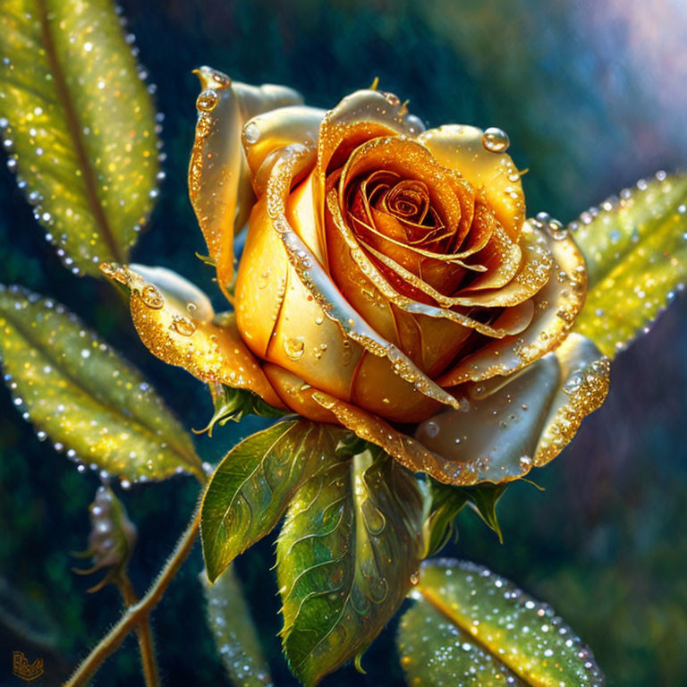 Golden-yellow rose with dewdrops on petals and leaves against blurred green background