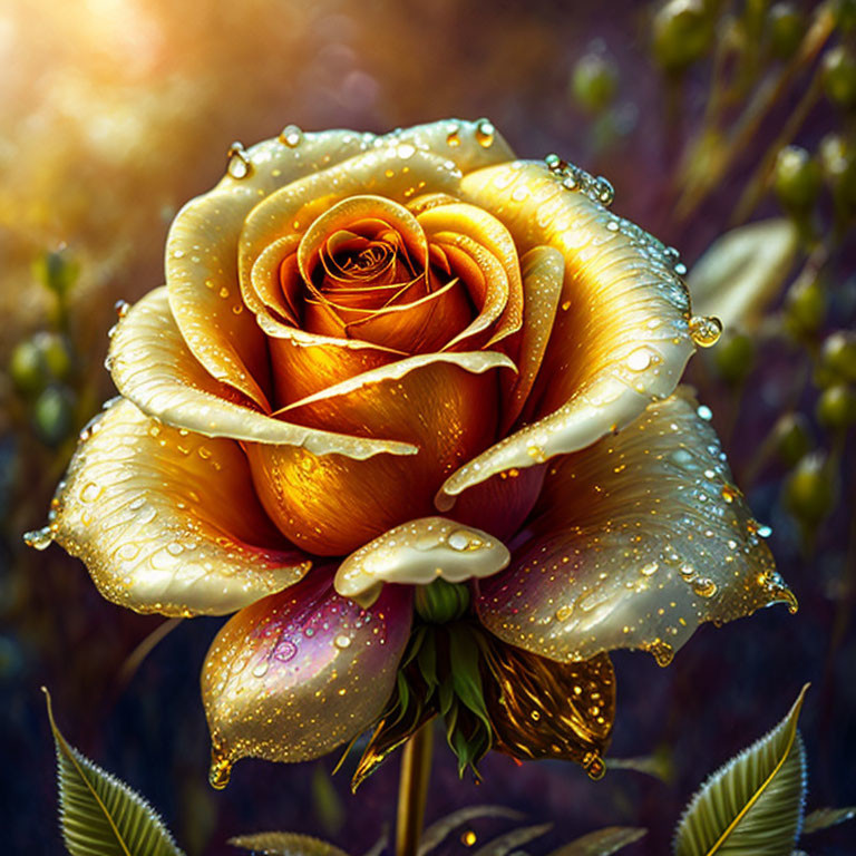 Vibrant orange rose with water droplets in warm light.