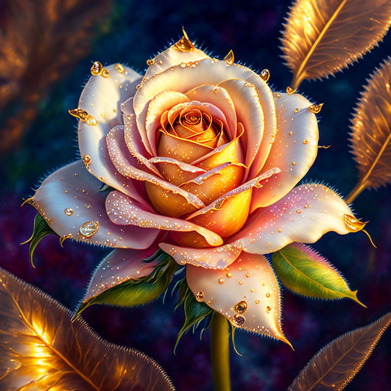 Vibrant digital art: yellow and pink rose with dewdrops, golden leaves, colorful background